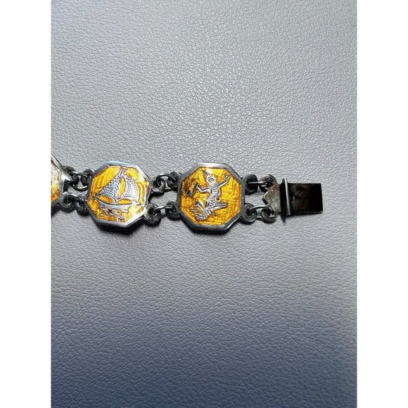 Vintage Sterling Silver Siam Niello Link Bracelet - Yellow Enamel, Thailand - Picture 8 of 16